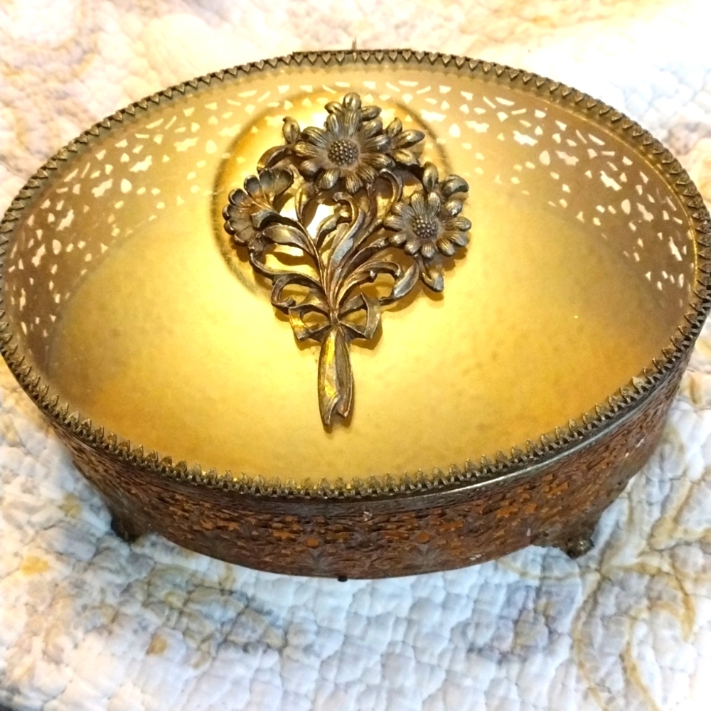 Vintage  Filigree Oval Metal & Glass Footed Casket Flower Jewelry Box